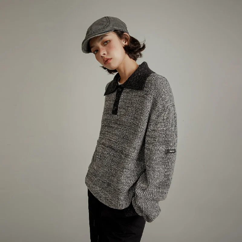 Sporty Wear Polo Neck Color Combination Knit Sweater