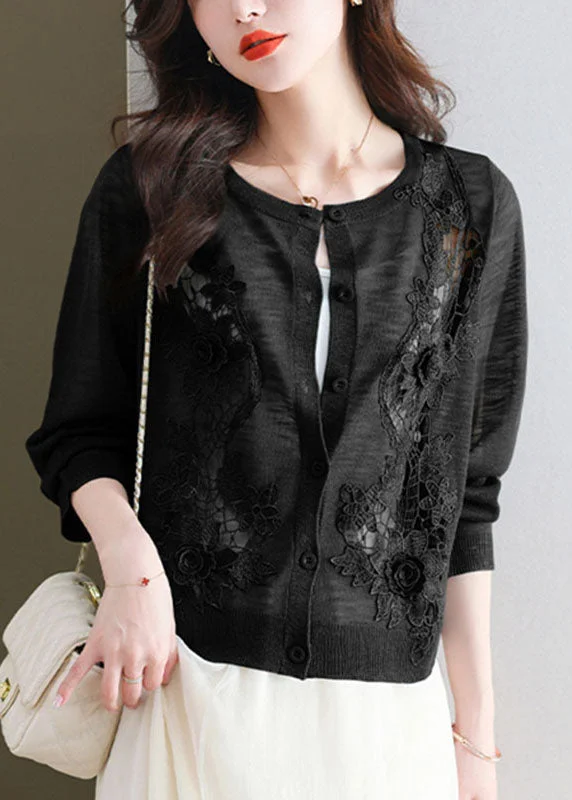 Comfortable Lounge Wear Chic Black Floral Ice Size Knit Cardigans Summer