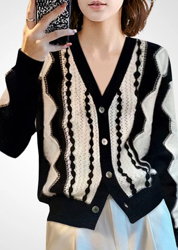 Floral Prints Fashion Colorblock V Neck Patchwork Wool Knit Cardigan Winter