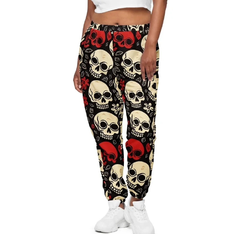 Cozy Pants Stylish And Edgy Track Pants For Women Featuring Red And White Skulls Design Cozy Pants Stylish And Edgy Track Pants For Women Featuring Red And White Skulls Design