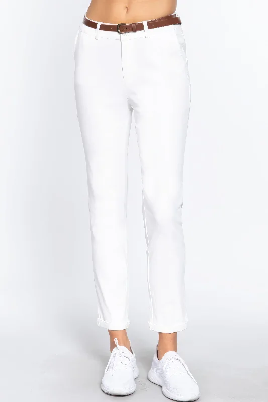 Casual Fit FASHNZFAB Cotton-span Twill Belted Long Pants