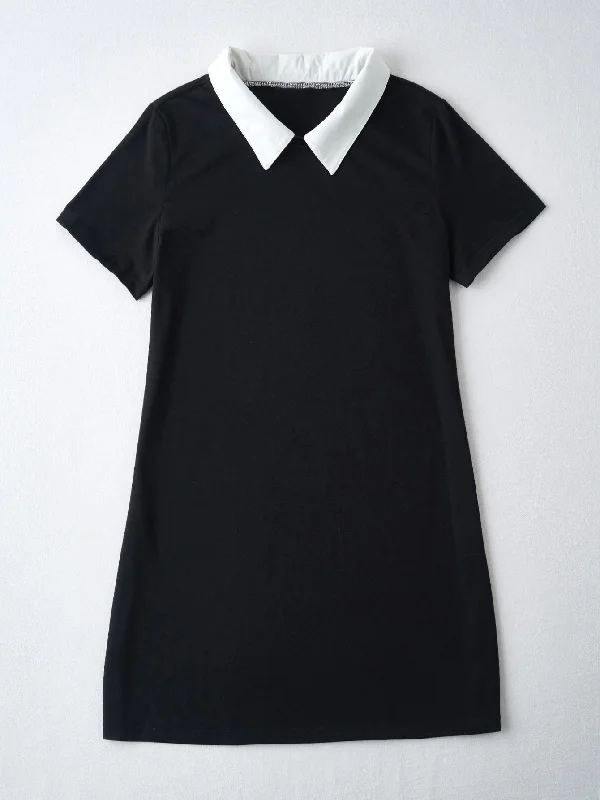 Sports And Leisure Preppy Colorblock Contrast Collar Short Sleeve Collar Straight Natural Short Plus Size Dress