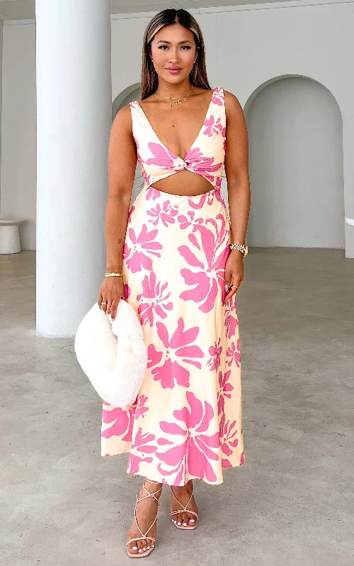 Fashion Classic Shelby Shirred Back Panel Maxi Dress - Cream Pink Floral