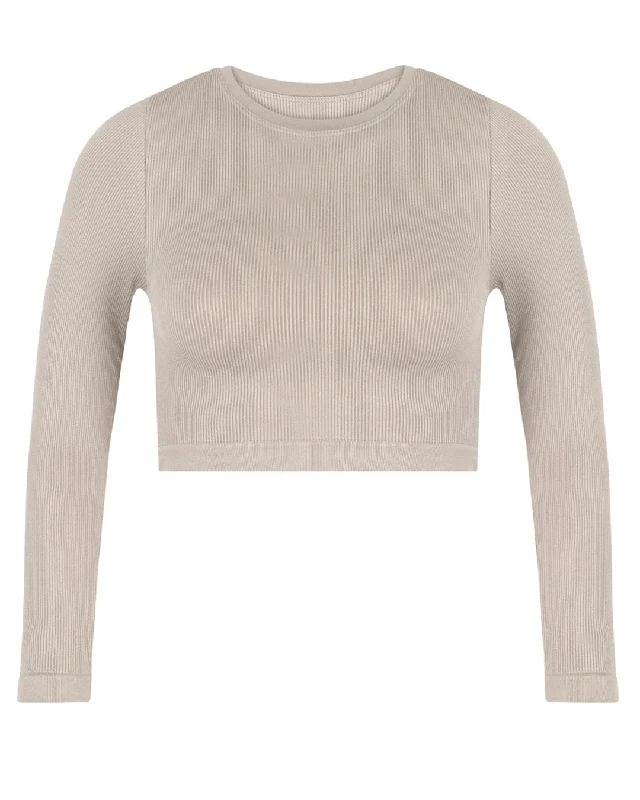 Warm Comfort EVOKE Ribbed Long-Sleeve Crop Top | Taupe