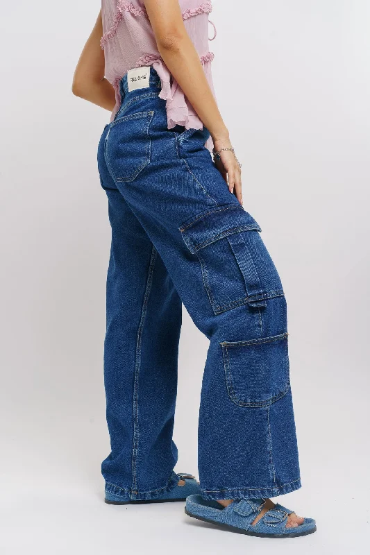 Denim Design Dense Blue Side Pocket Cargo Jeans
