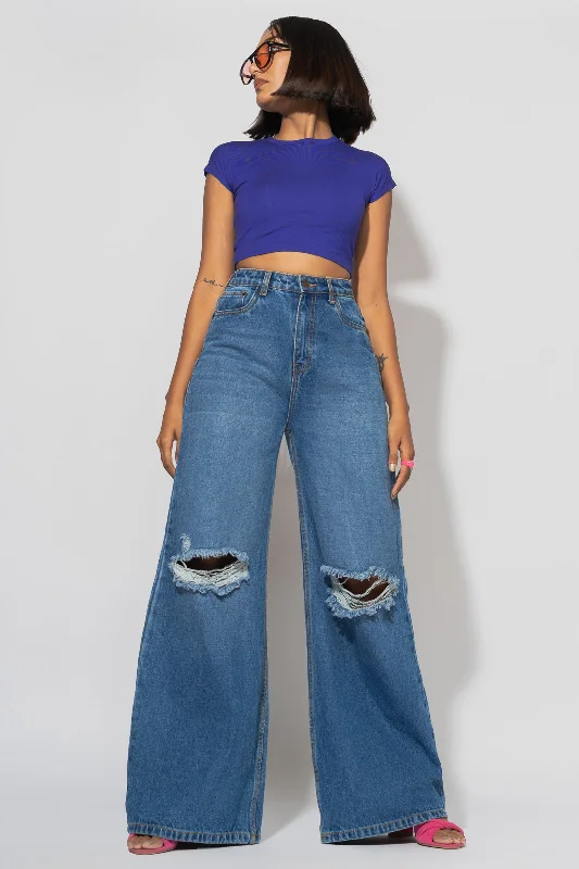 Elegant Outline Blue Distressed Wide Flare Jeans