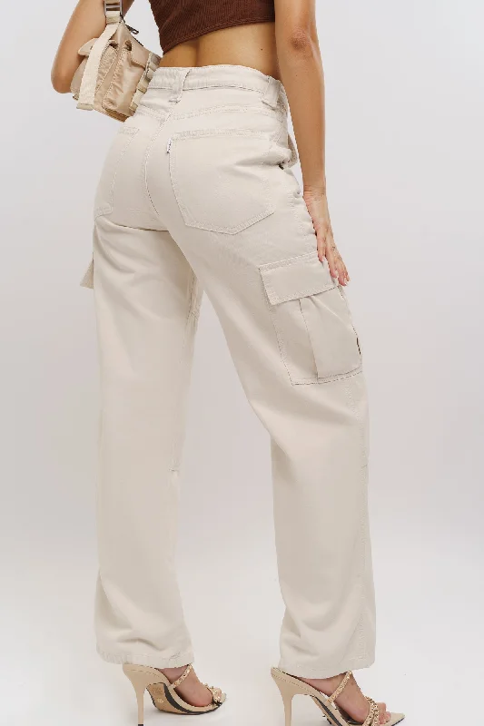 High-end Design Ecru Denim Cargo Pants