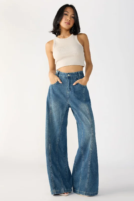 Spiritual Vitality Navy Blue Denim Flared Korean Pants