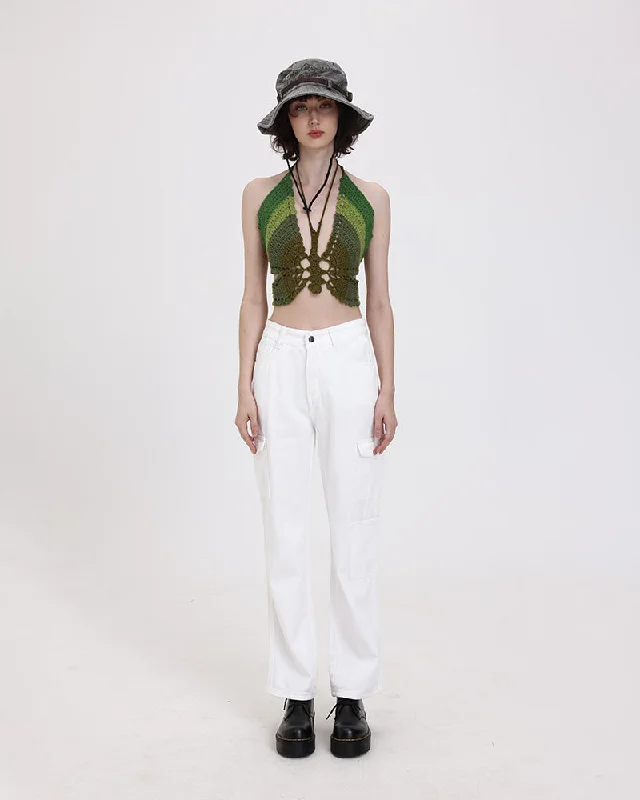 Fashionable And Versatile White Straight Cut High Pocket Jeans