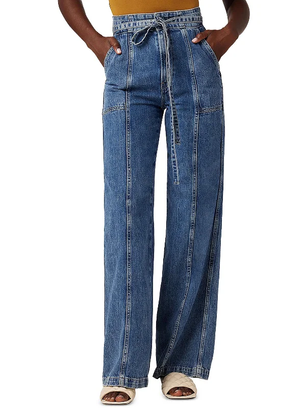 Celebrity Style Womens Belted Denim Wide Leg Jeans
