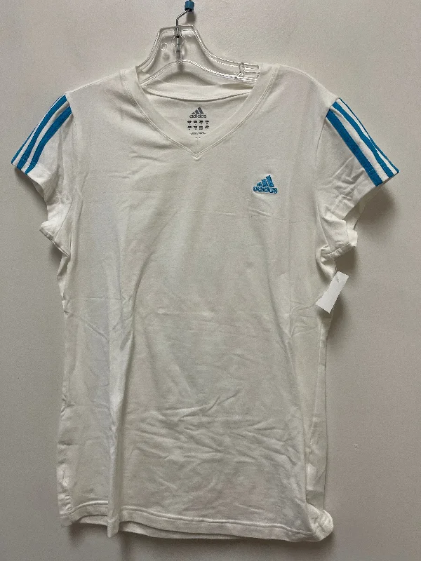 Youthful Street Fashion Athletic Top Short Sleeve By Adidas In Blue & White, Size: L