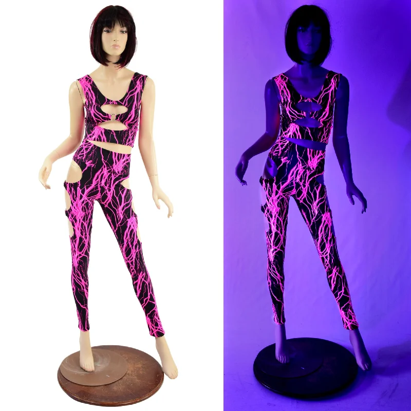 Sporty Wear Neon O-Ring Leggings and Crop Top Set in Pink Lightning