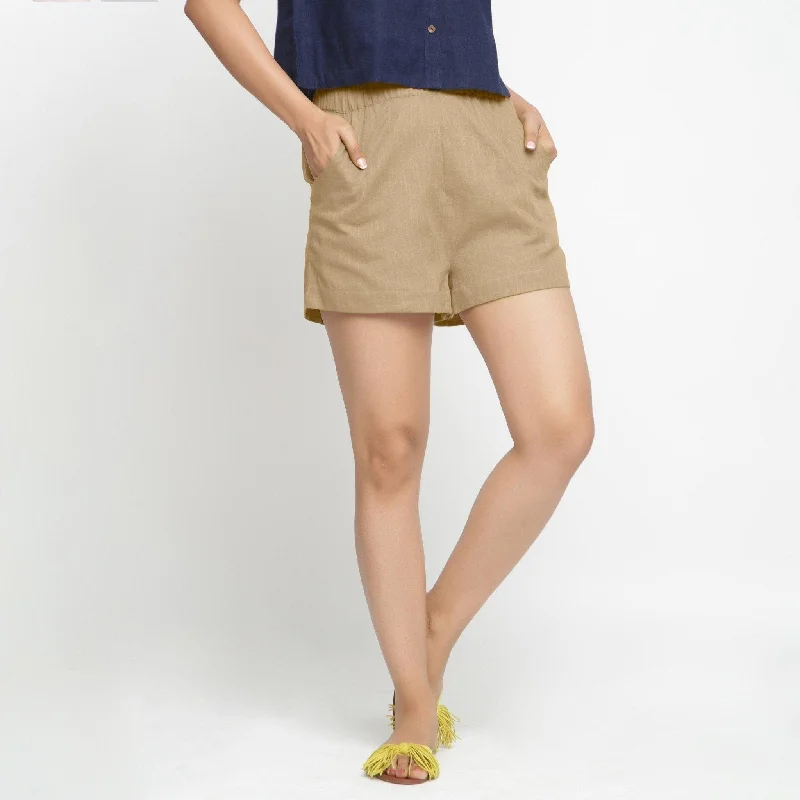 Bright Colors Beige 100% Cotton Relaxed Fit Elasticated Short Shorts