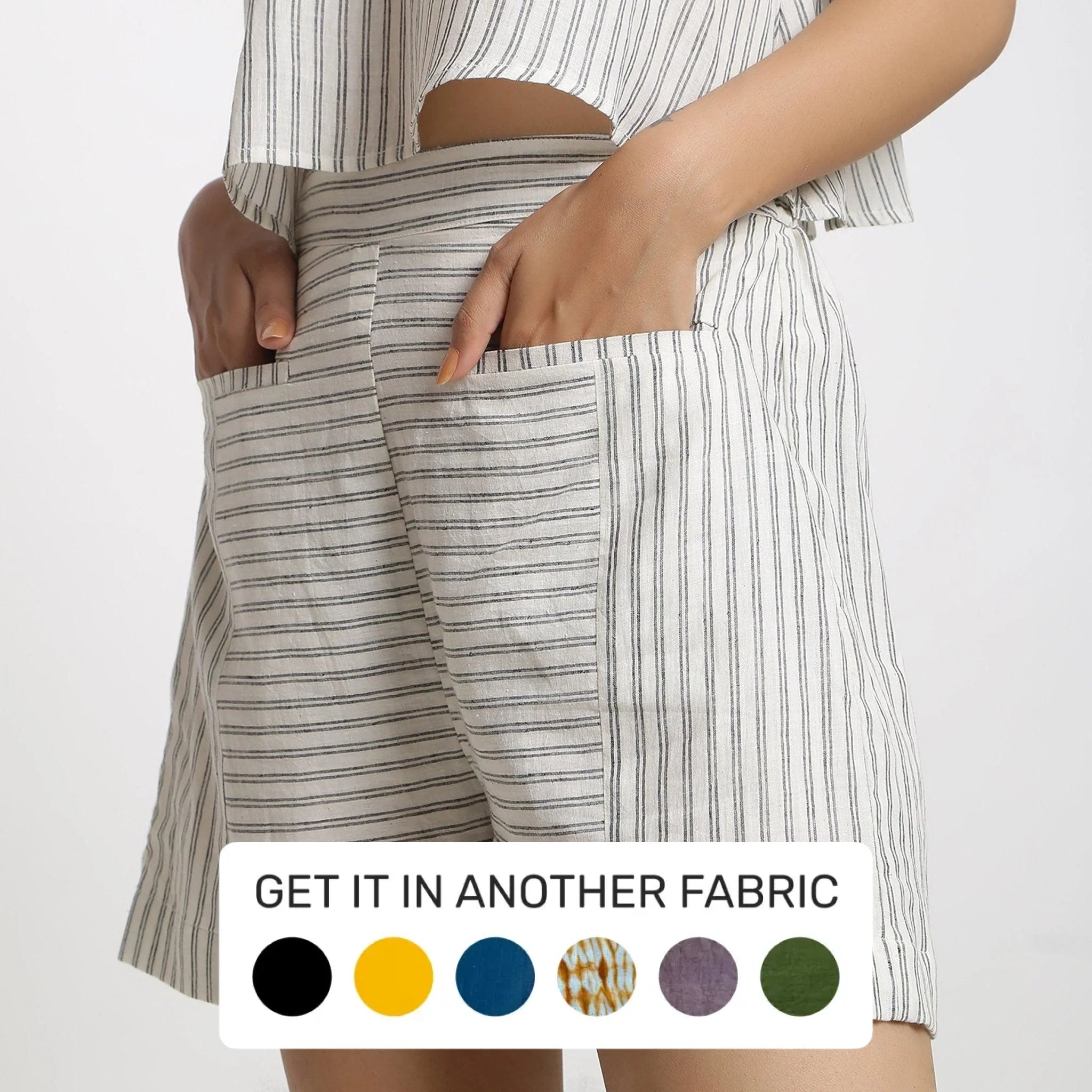 Bright Colors Off-White Cotton Muslin Striped Paneled Elasticated Shorts