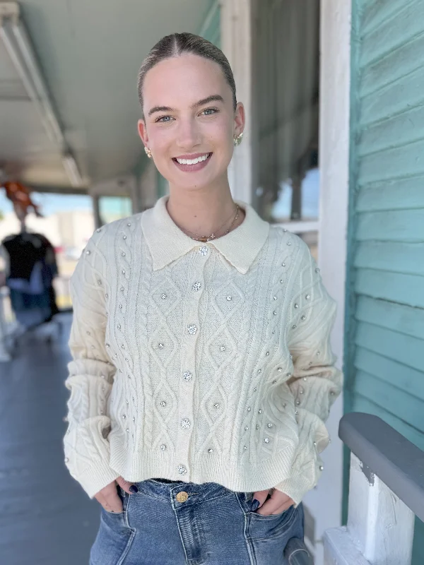 Stylish Ease The Colette Rhinestone Cardigan-Cream