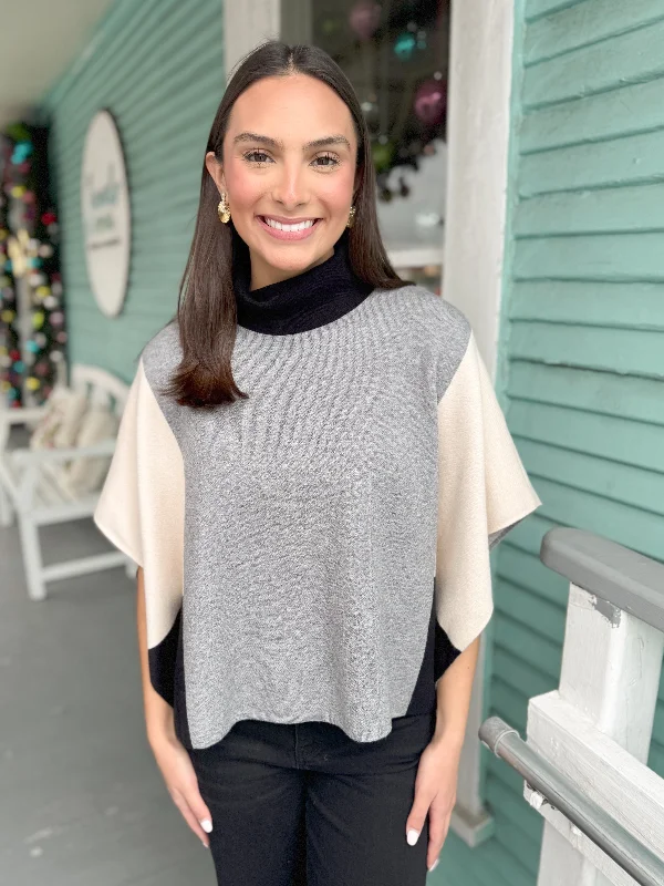 Cozy Fashion Trends (THML) The Colorblock Mock Neck Poncho-Grey