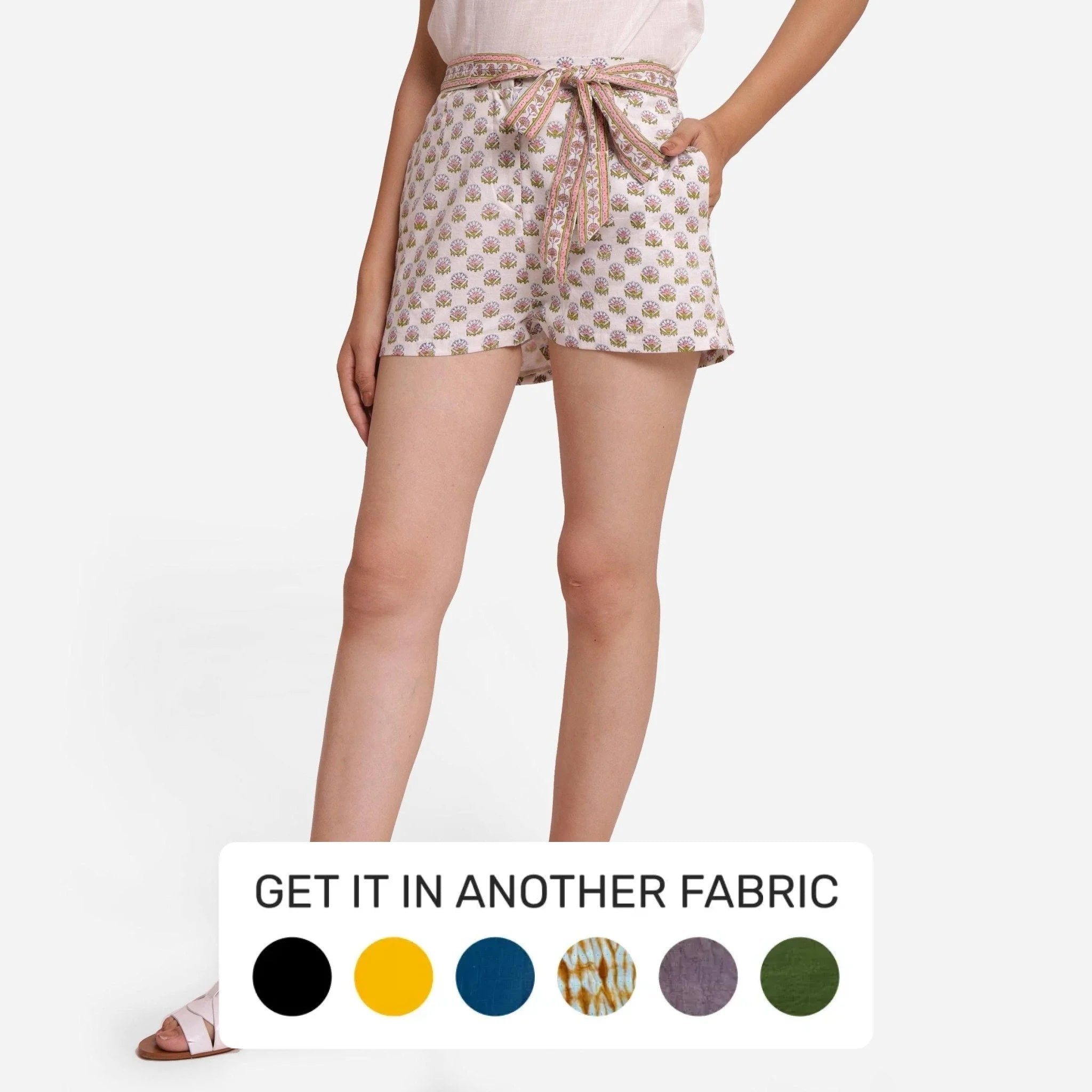 Relaxed Style White Floral Block Printed Cotton Micro Length Shorts